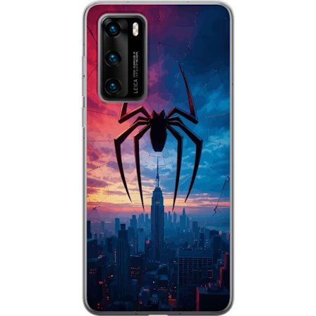 Kompatibelt Mobildeksel til Huawei Huawei P40 Stilisert edderkopp over bysilhuett i dramatisk solnedgang, grafisk fantasyillustrasjon med sterke farge
