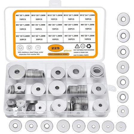 Rostfria brickor, 225 st platta metallbrickor M3/M4/M5/M6/M8/M10/M12 Runda tätningsbrickor Möbelbeslag för skruvar och bultar, handverktygssatser