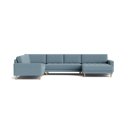 Mondo U-Form Sofa, wendbar in Hygge Pastellblau, skandinavischer Stil mit Nozag-Federung und massiven Eichenholzfüßen für hohen Komfort.