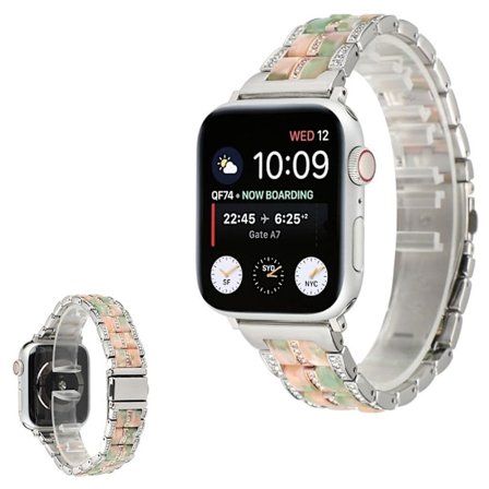 Apple Watch 40 mm klockarmband i rostfritt stål med strassdekor - Silver Roséguld / Rosa Grönt