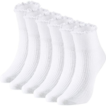 Sokker til kvinner, ankelhøye, strikkede, blonder, volanger, ensfarget, casual, 6 par