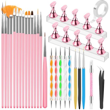 Nagelborstset 28 st - konstset Borstar med prickverktyg Pincett 2 st akryl displayställ Liner för målning, borstar, eyeliner Pink_yu