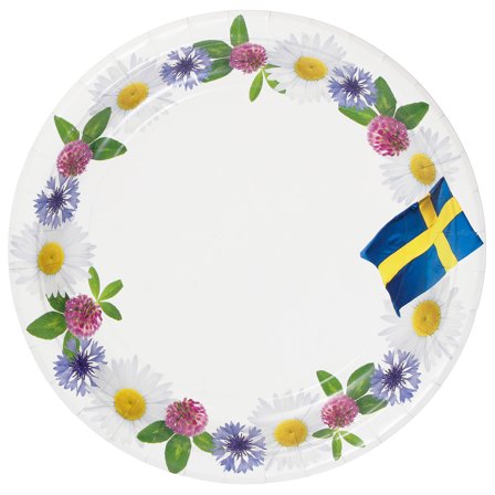 Papptallerkener Blomster/Svenske Flagg 8-pakning
