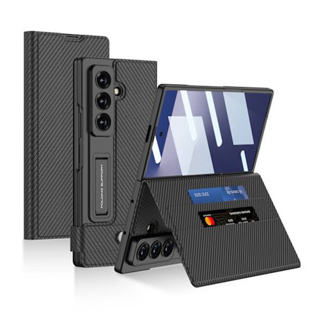 Fodral för Samsung Z Fold 7, Kortplats PC + PU Flip med skärmfilm (Kolfibertextur)
