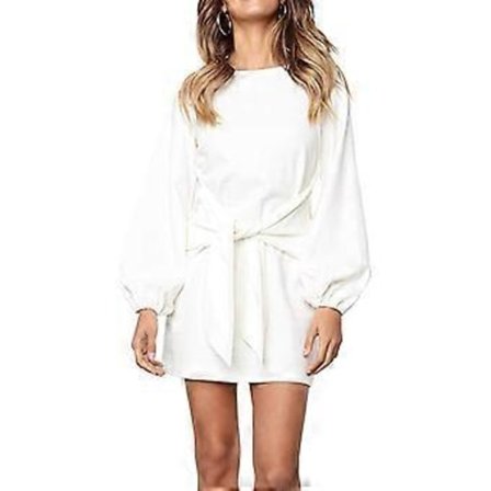 Elegant Dam Kort Klänning med Lång Lyktaärm, Rund Hals och Knytskärp i Midjan, Stickad Cocktailklänning (style967)