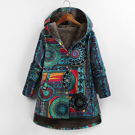 Kvinners vinter Plus Size Frakk Fluffy Faux Print Hette Hals Lang Ermet Bomull Yttertøy Frakk(XL blå)