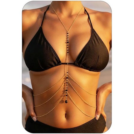 Guld BH-kedja Svarta Rhinestone Bröstkedjor Bikini BH Kroppskedja Smycken för Kvinnor