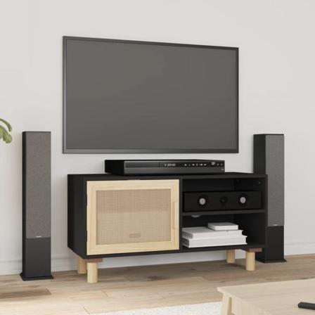 Vidaxl Tv-bänk Svart 80x30x40 Cm Massiv Furu Och Naturlig Rottin Svart