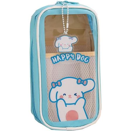 Blå Happy Puppy Kawaii Stor Kapasitet Blyantveske, Gjennomsiktig Lomme