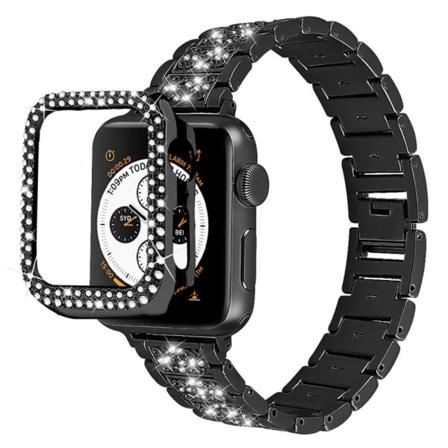 Apple Watch (41mm) urrem med 3 perler og rhinestone dekoration med cover - Sort Black