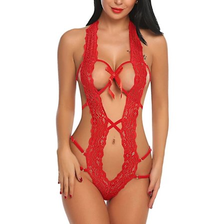 1 stycke (röd) Damunderkläder i ett stycke Deep V Teddy Sexig Bodysuit