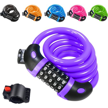 Sykkellås (lilla), sykkellås 120 cm x 12 mm lang, kabelås for sykkel scooter motorsykler sykkelport med 5-sifret smartkode og barnevogn sykkel, 