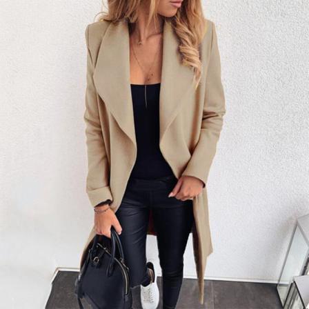 Damer Enfärgade Överrockar Lapel Collar Ylle Långärmade Ytterkläder
