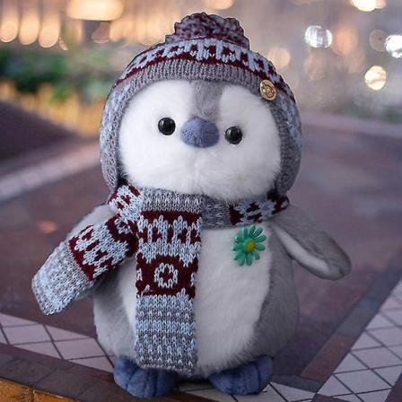 Søt fluffigt hår Pingvin Plyschleksak Gosedjur Tecknade djur Plyschar Skjerf Hatt Dressing Penguin Doll Leksaker For Barn Julklapp grey 35-37cm