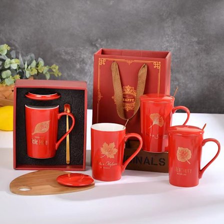 Premium Gave: Keramisk Krus og Skje Sett | 420ml, utsøkt gaveeske, perfekt bryllupsgave-D