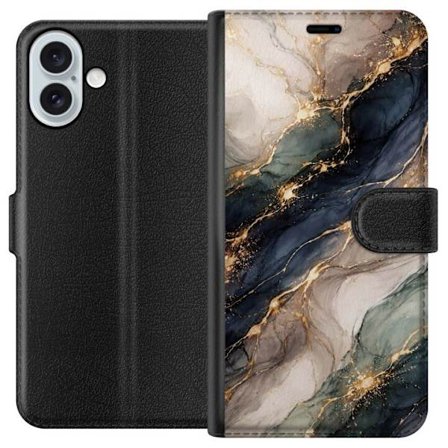 Kompatibelt Lommeboketui til Apple Apple iPhone 16 Plus Luksuriøs abstrakt marmor kunst i svart, hvitt og gull med elegante linjer, eksklusivt design