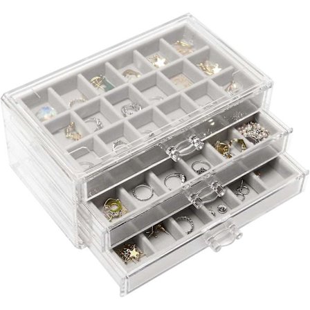 Akryl smykkeskrin til kvinder med 3 skuffer, justerbar smykkeorganisator til ringe, øreringe, halskæder, stabelbar