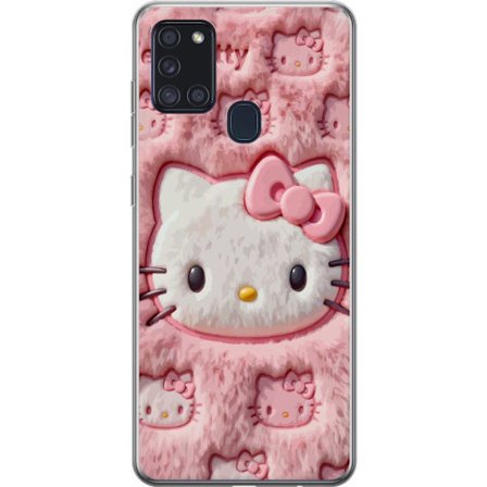 Kompatibel Mobilcover til Samsung Galaxy A21s Hello Kitty lyserød fluffy baggrund med ikonisk ansigt og kawaii-æstetik