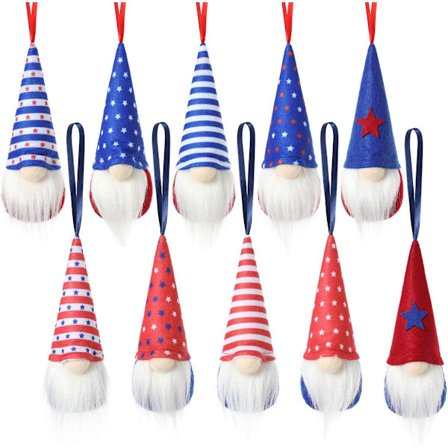 Gnome Självständighetsdag Hängande Ornament Set om 10, Patriotiska Tomtar Handgjorda Plysch Veterandagsgåva Älv Väggdekor