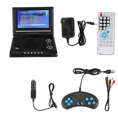 Bærbar DVD-afspiller med 7-tommers drejelig skærm, genopladeligt batteri, TV, Billader, Gamepad - US-stik 100-240V