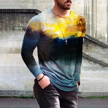 Män Långärmad Basic Tee Tie Dye Crew Neck Color Block Tops
