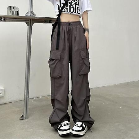 Vintage Streetwear Dame Baggy Cargo Bukser - Avslappet Bukser med Vide Ben og Store Lommer L Mørkegrå