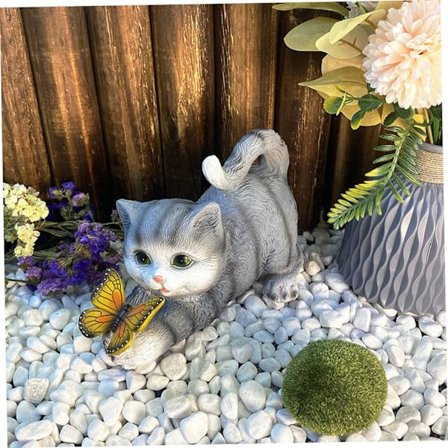 Solar Kat Statue med Sommerfuglelys - Vandtæt Haveindretning, LED Dyrefigur til Græsplæne, Terrasse & Katteelskergaver