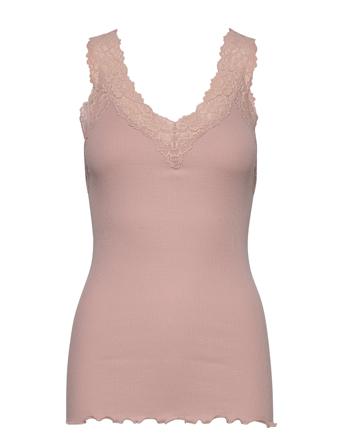 Organic Top V-Neck Regular W/Lace Top Ærmeløs Top Lyserød Rosemunde
