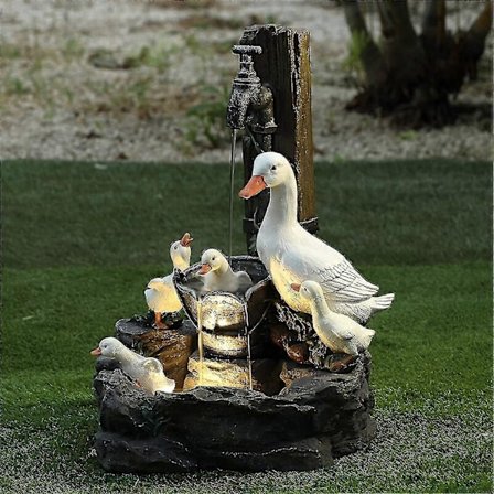 Solcellefontæne med Resin Familie, Fontænestatue, Have Have Dekoration Fontæne Udendørs Baghave Dekoration (duck-xdd (FMY)