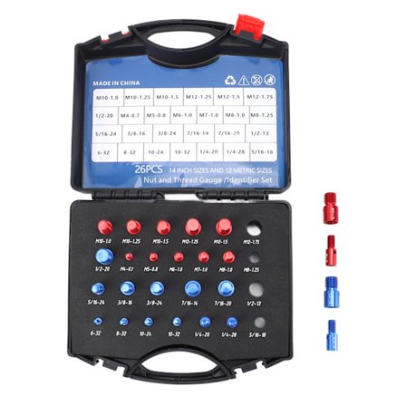 Mutteri- ja pulttikierteen tarkistusmittasarja: 12 metristä ja 14 tuuman kokoa kotelolla ahtaisiin tiloihin, punainen sininen