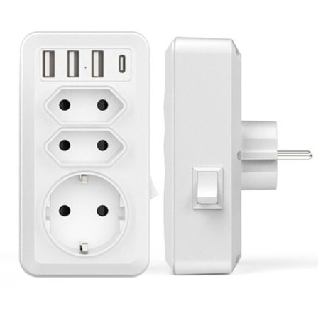 "QD" USB-strømadapter med stikkontakt, USB-vægstik med 3 AC-stik (16A, 4000W), 3 USB-porte, 1 Type-C-port, til hjemmet, kontoret og rejser
