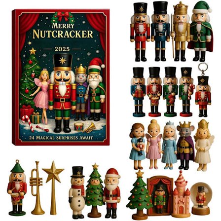 Nøddeknækker Julekalender 2025 – 24 dages jule-nedtælling med tegnede nøddeknækkersoldater, sjov juletræspynt og perfekt gave til samlere