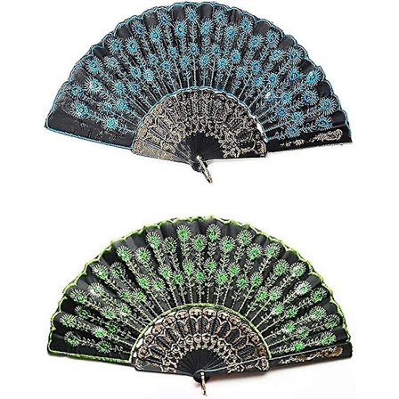 Fashion Påfugl Håndholdt Vifte Foldning Hånd Vifter Med Sekvens Blomst Mønster Til Kvinder Og Piger (blå+ Grøn 2stk)