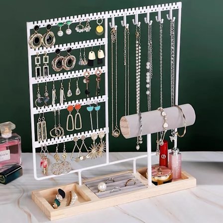 Smyckesställ: Flerlagers Halsbandshållare med Träbricka, Örhängesförvaring i Sammet, Displayställ för Ringar