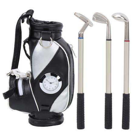 Mini Desktop Golfväska Penna Klocka Zinklegering PU Läder med Golfpennor Souvenir Set GiftSvart Silver