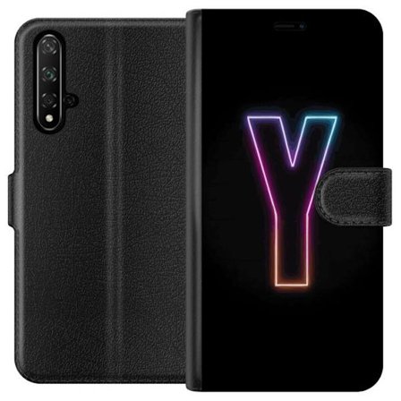 Yhteensopiva Lompakkokotelo Honor Honor 20 Minimalistinen neonkirjain Y värinvaihtuvassa valossa mustaa taustaa vasten