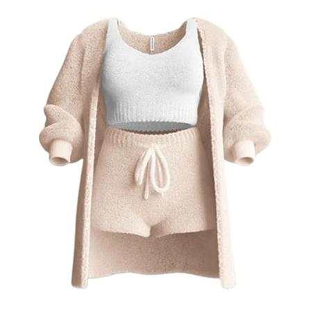 Naisten Mukava Plussinen Pyjama 3-osainen Setti Tyyliss Pehme L ys Uniasu Sis tiloihin Makuuhuoneeseen Beige Beige 3XL