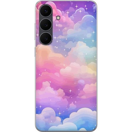 Kompatibelt Mobildeksel til Samsung Galaxy S25 FE Søt enhjørning med regnbuefarget hår mot en stjernebelagt pastellbakgrunn i kawaii-stil