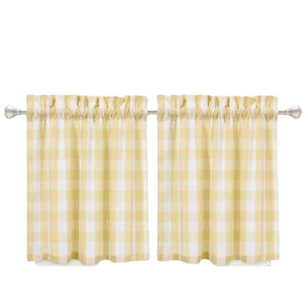 Lyhyet keittiön ikkunaverhot maalaistalotyyliin, ruudullinen gingham-kuvio valmiit paneelit tankokujalla, valoa suodattava puoliksi läpinäkyvä kangas