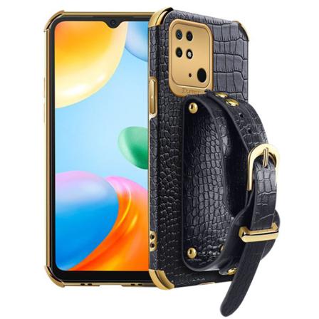 SKALO Xiaomi Redmi 10C Krokodil Guldkant Skal med Handrem - Svar Svart