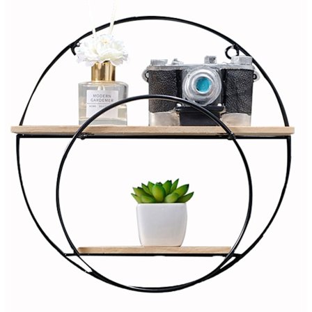 Industriel væghylde i træ og metal - elegant, rund hylde til væggen til bøger, dekoration, køkken og badeværelse