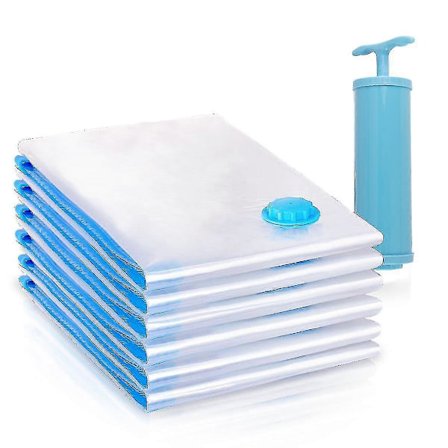 6 stk. Genanvendelige Vakuum Opbevaringsposer Sæt, Pladsbesparende Poser, Spar 75% Mere Opbevaringsplads. Dobbelt Lynlåsforsegling & Lækageventil, 