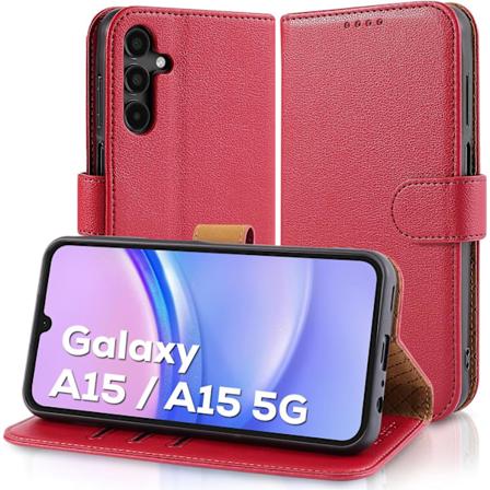 Samsung A15 Telefon Etui - Læder Folio Cover med [RFID Blokering] Stødsikker [Kickstand] til Samsung Galaxy A15 5G Crimson Red
