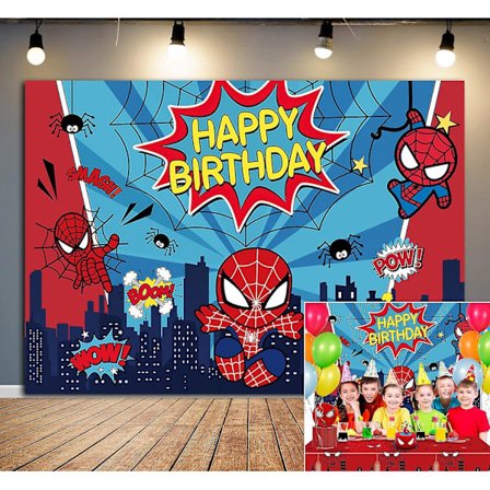 Superhjälte Bakgrund Grattis På Födelsedagen Cartoon Tema Fest Dekoration Barn Pojkar Stadssilhuett Blå Rand Foto Bakgrund Banner (7x5ft(210x (FMY)