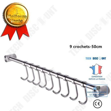 Hæklet Køkkenstang - TD - 50cm - Rustfrit Stål - 9 Aftagelige Kroge - Belastning 15kg