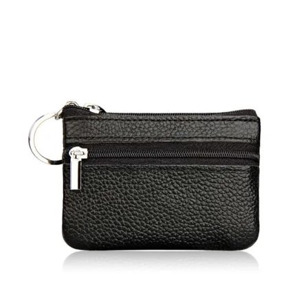 Small Mini Leather Wallet Card Holder Coin Purse with Keychain Black 10x7cm