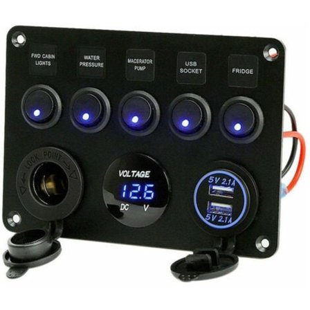5-gang vippebryterpanel, dobbel USB-uttak 12V lader strømuttak LED voltmeter for bil, båt, bobil, campingvogn (blå) -
