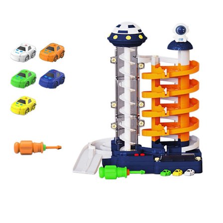 Racebane for gutter 4-7 år, syvetasjers bilrampe lekesett med heis, lekegarage med 7 biler, lyd og lys, leker med romtema gaver til barn 4