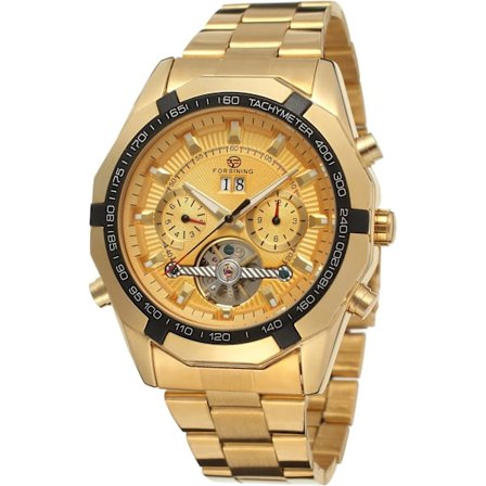 Lyxig automatisk herrklocka i rostfritt stål med kalender, färg guld