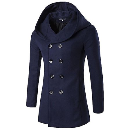 Vinter Solid Color Pea Coat Ull Män, Varmt Huvad Slim Jackor
